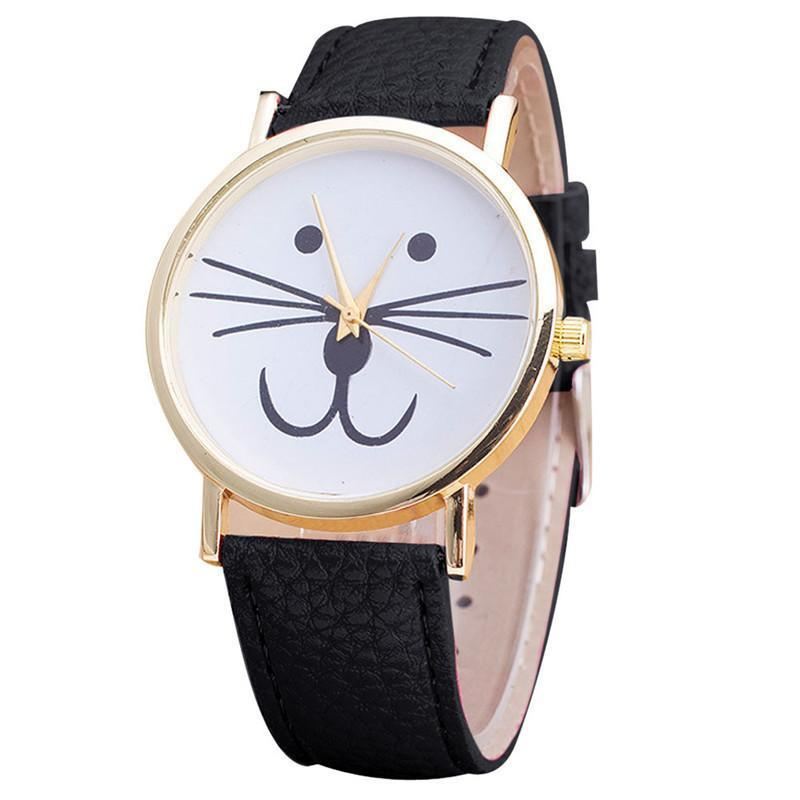 analoog leren horloge met kattengezichtspatroon