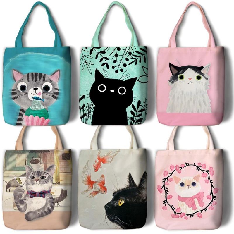 canvas schoudertassen met kattenprint