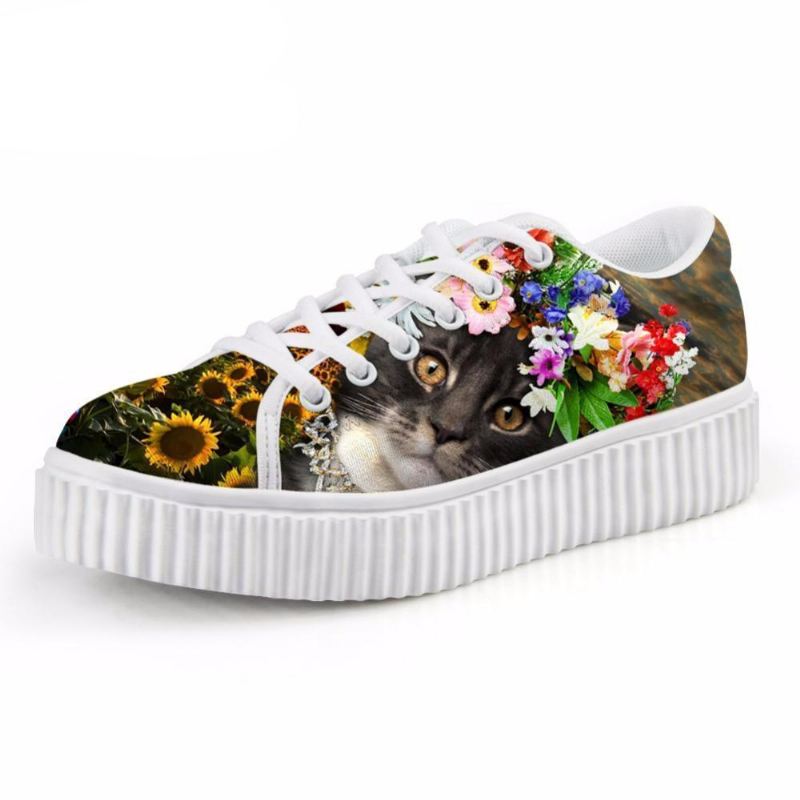 casual donkere kat met bloemenkroon print platte plateauzool veterschoenen