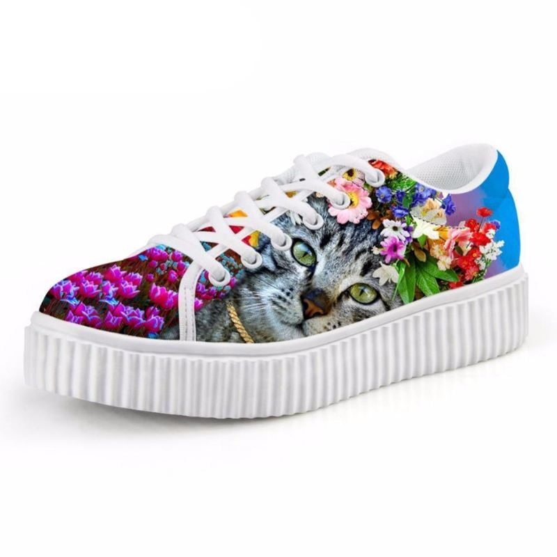 casual grijze kat met bloemenkroon print platte platform veterschoenen