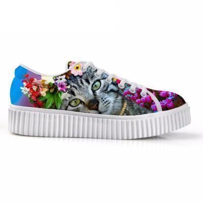 casual grijze kat met bloemenkroon print platte platform veterschoenen