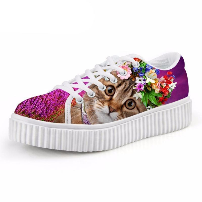 casual grote ogen kat met bloemenkroon print platte platform veterschoenen