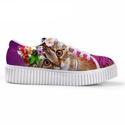 casual grote ogen kat met bloemenkroon print platte platform veterschoenen