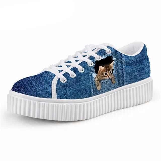 casual schoenen met platte plateauzolen met kattenprint