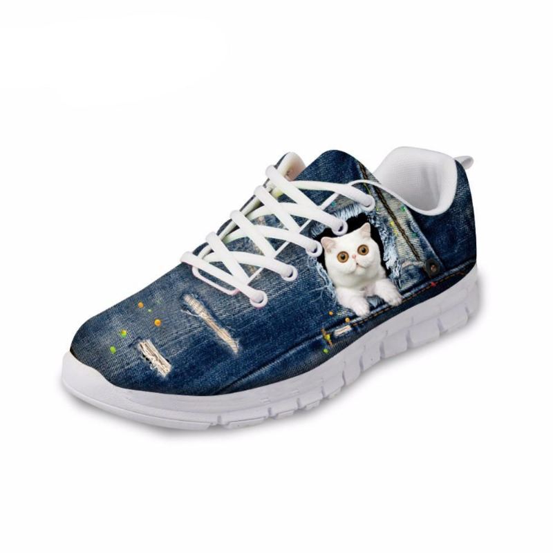 casual witte kat print ademende platte veterschoenen