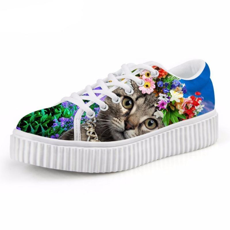 casual zwarte kat met bloemenkroon print platte platform veterschoenen