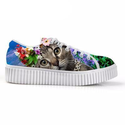 casual zwarte kat met bloemenkroon print platte platform veterschoenen