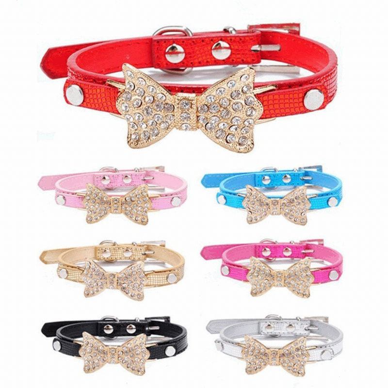honden bling kristallen strik lederen halsband