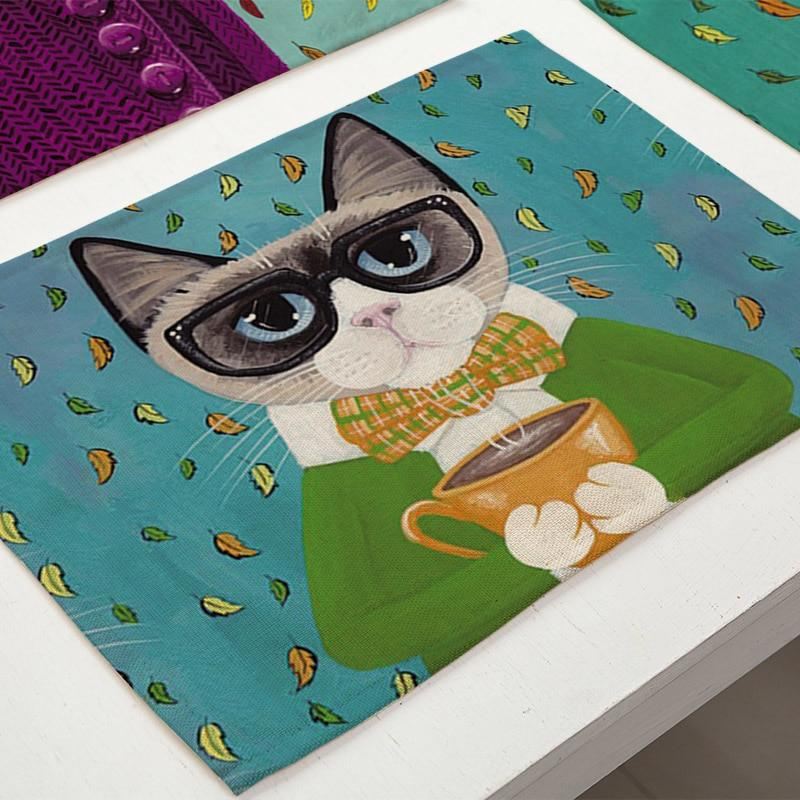 linnen placemats met kattenpatroon