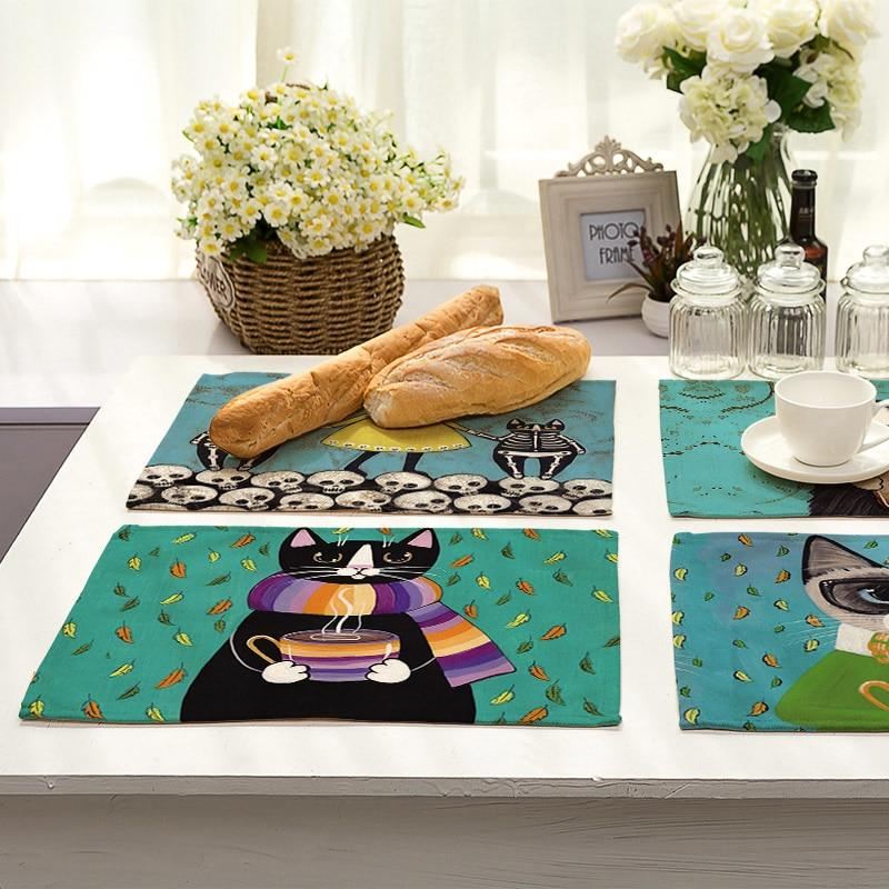 linnen placemats met kattenpatroon