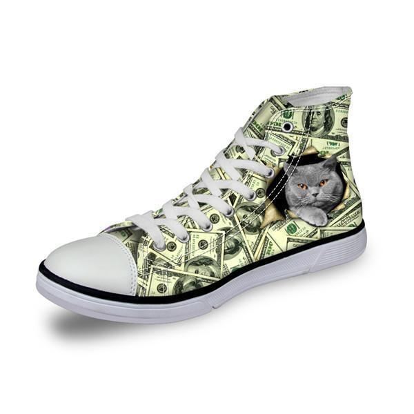 poseren kat in dollars print hoge canvas damesschoenen