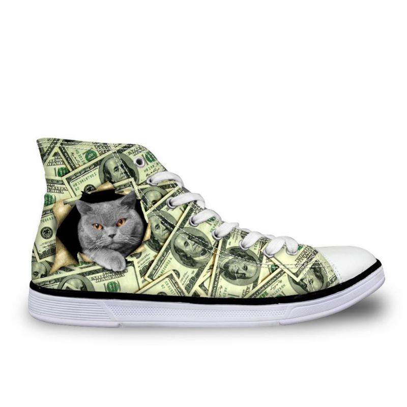 poseren kat in dollars print hoge canvas damesschoenen