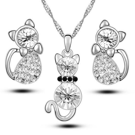 romantische kat sieraden sets ketting oorbellen met oostenrijkse kristal