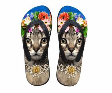 schattige bruine strand slippers met kattenprint