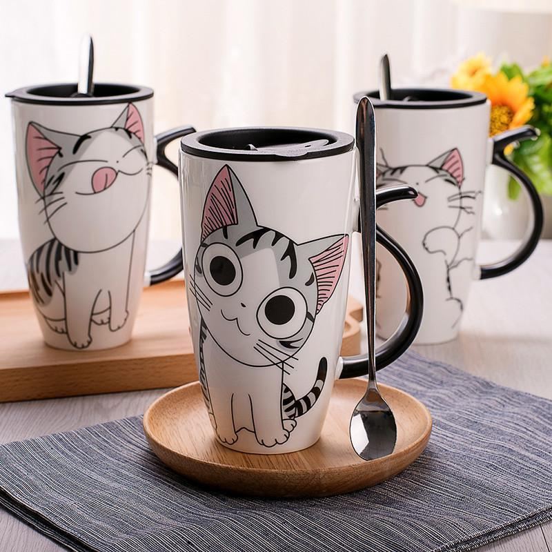 schattige keramische kattenmokken met deksel en creatieve lepel