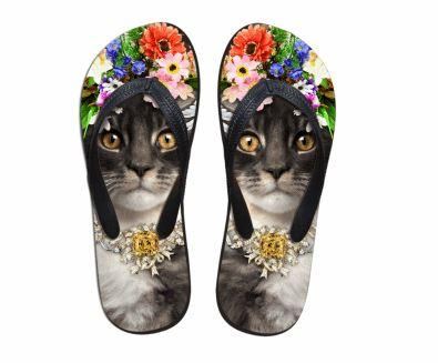 schattige zwarte kat print strand teenslippers platte slippers