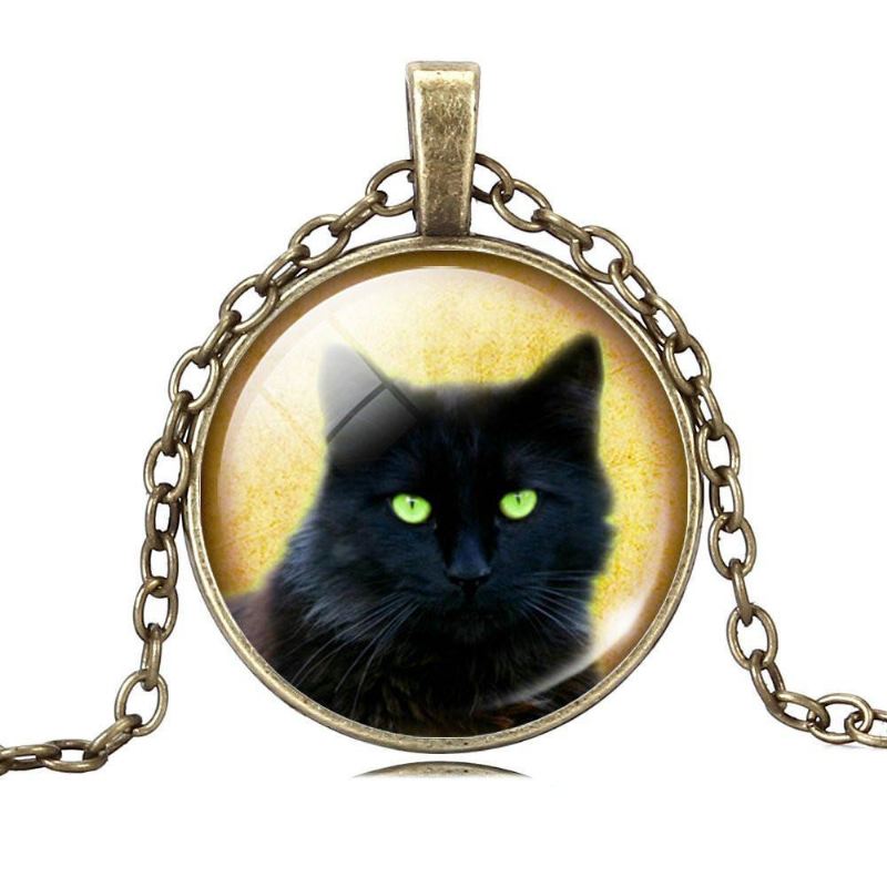 zwarte kat glas cabochon hanger ketting
